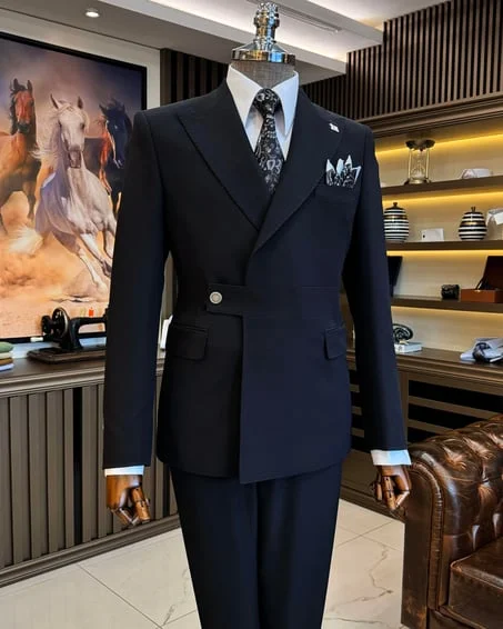 Men Blazers with Chinese Dragon Prints for a Symbolic Look​ ITALIAN FIT MEN'S BLACK STRAP BREASTED SUIT BY ITALIAN VEGA® [Limited Edition]