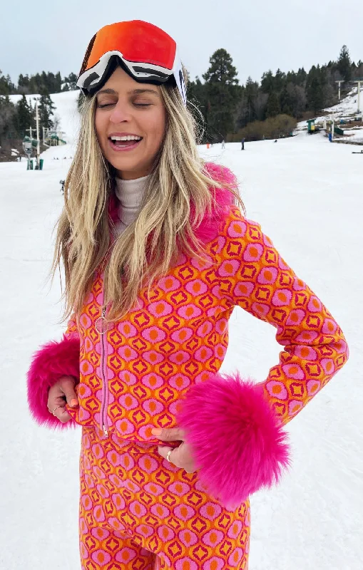   Zermatt Zip Up ~ Pink Geo Jacquard Faux Fur