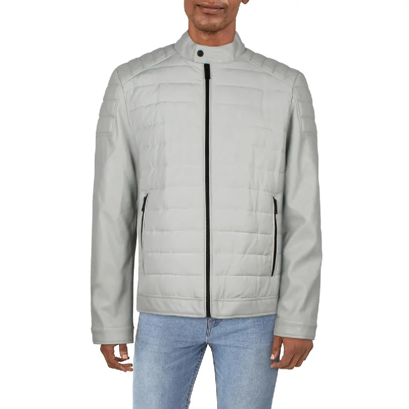 DKNY Mens Faux Leather Cold Weather Quilted Coat