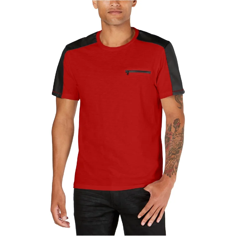 I-N-C Mens Leather Sleeves Basic T-Shirt, Red, Medium