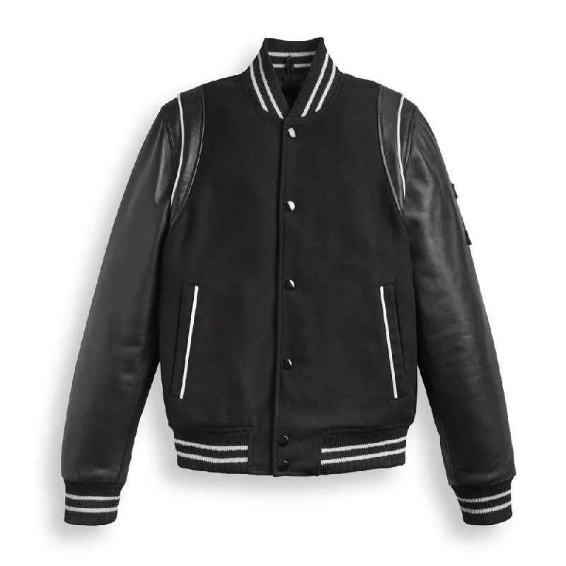 Black Varsity Bomber Leather Jacket With Stripes