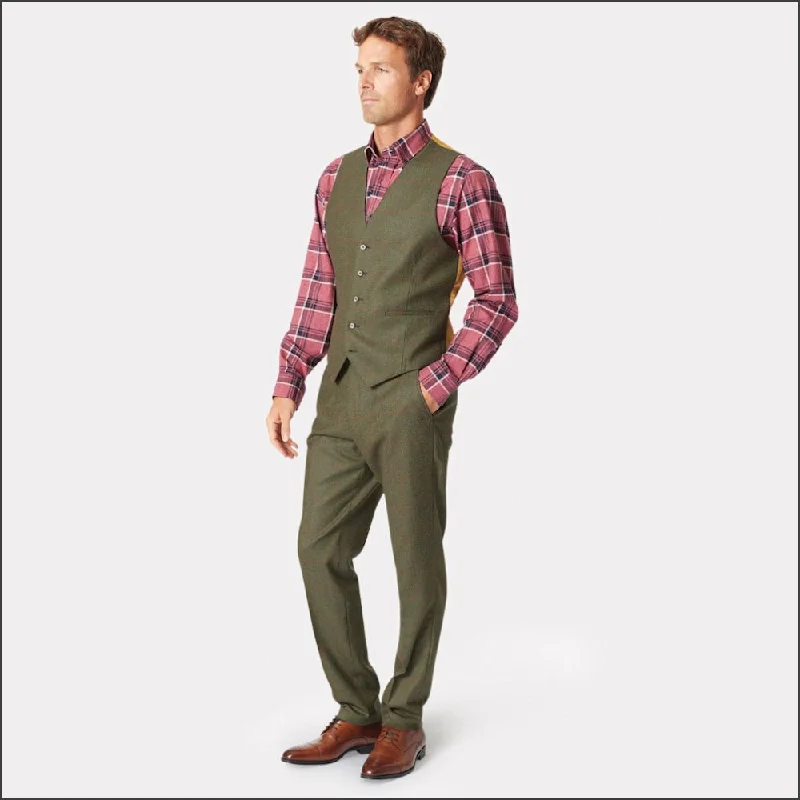 Brook Taverner Dalton Olive Check Wool Waistcoat--