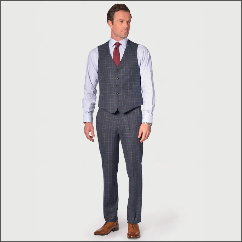 BROOK TAVERNER Blue POW with Wine Overcheck Suit Waistcoat-