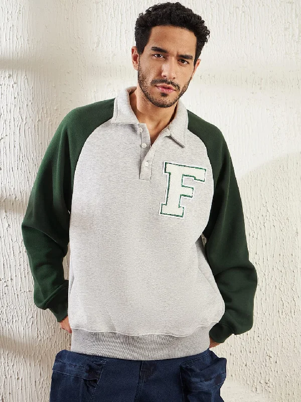 Grey And Green Letterman Raglan Polo Sweatshirt