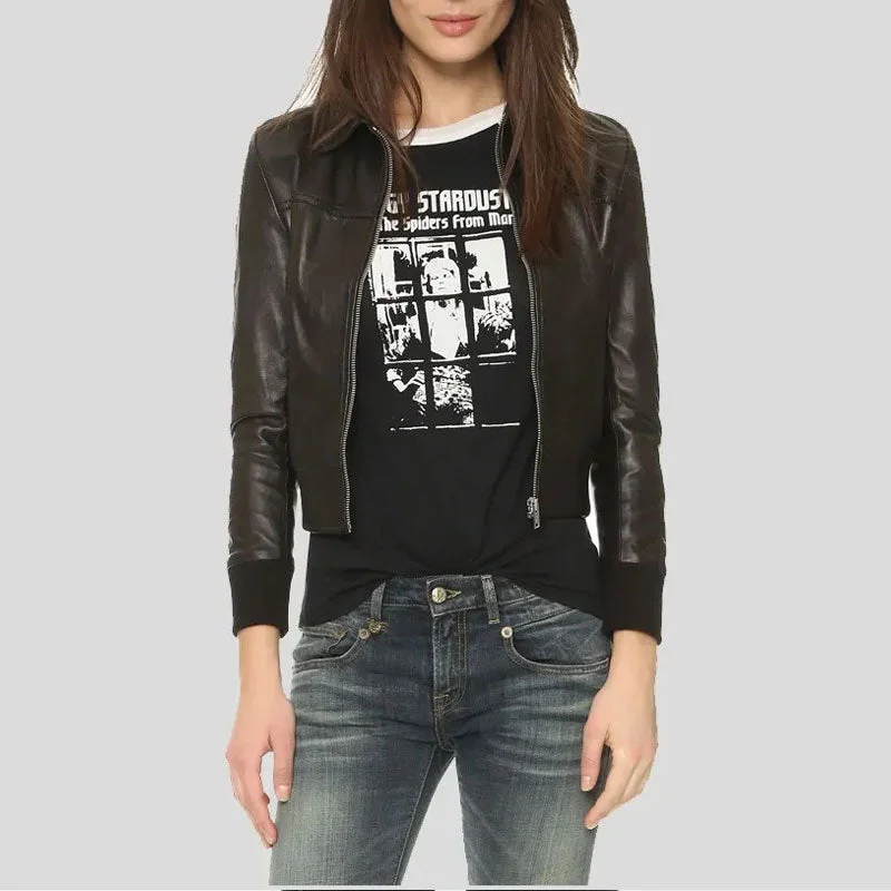 Halle Shirt Collar Black Bomber Leather Jacket