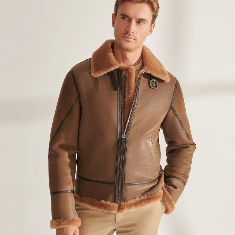 Men Camel Brown B3 Shearling Pilot Aviator Leather Jacket