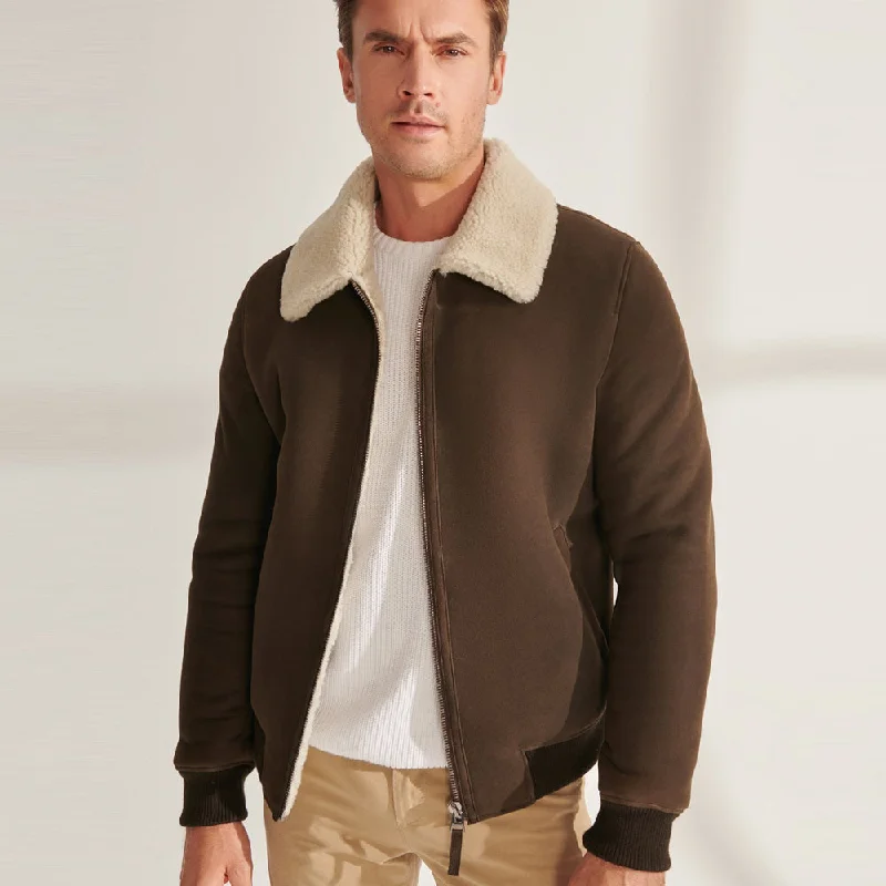 Men Khaki Brown Sheepskin Shearling Leather Bomber Jacket