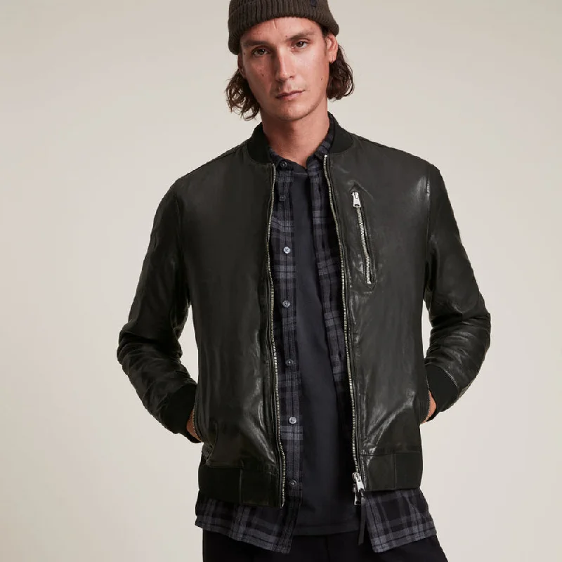 Mens Black Lambskin Leather Bomber Jacket