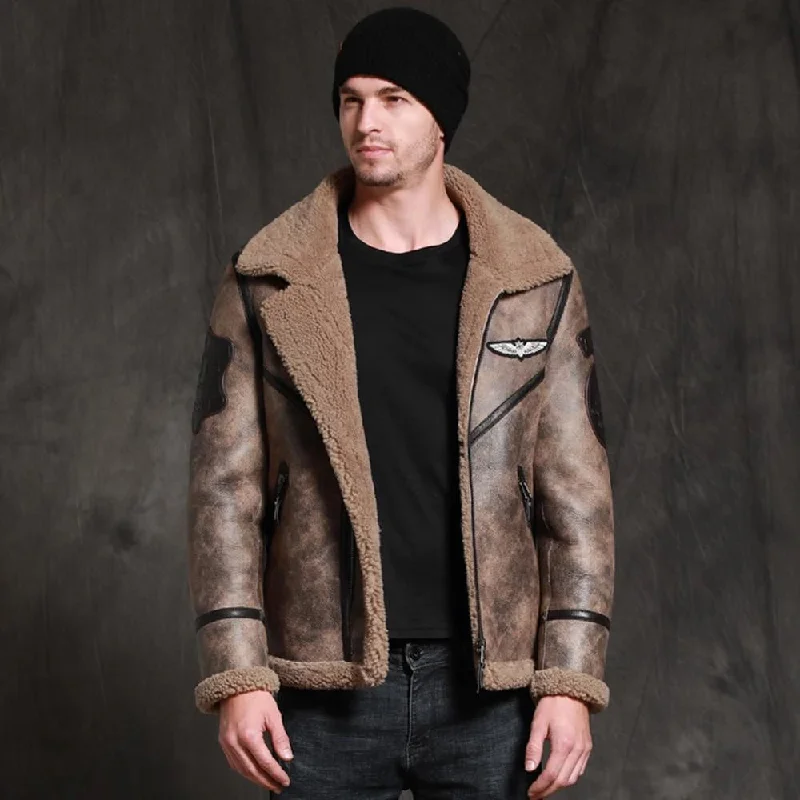 Mens Brown RAF Aviator B3 Waxed Sheepskin Leather Jacket