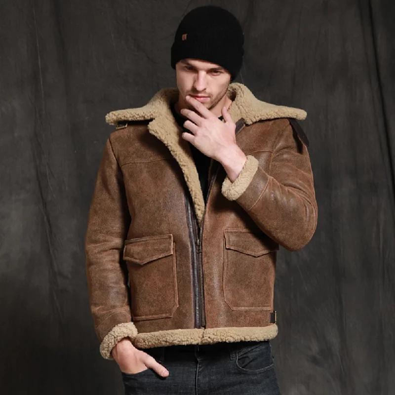 Mens Brown Short Sheepskin Fur Shearling Leather Jacket Coat