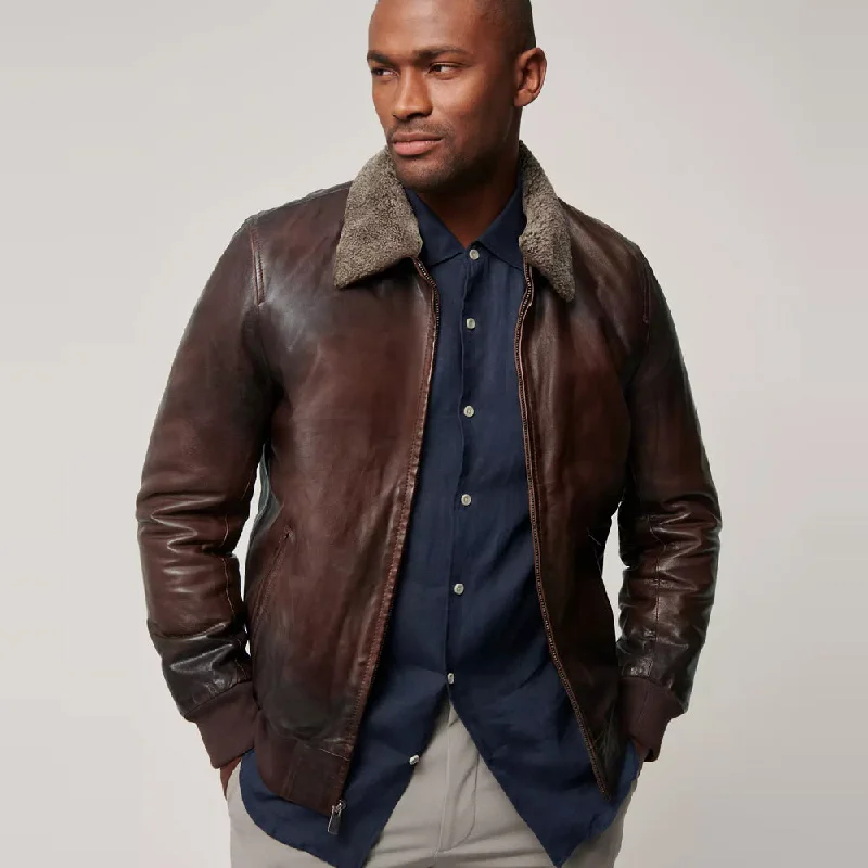 Mens Brown Waxed Sheepskin Aviator Leather Bomber Jacket