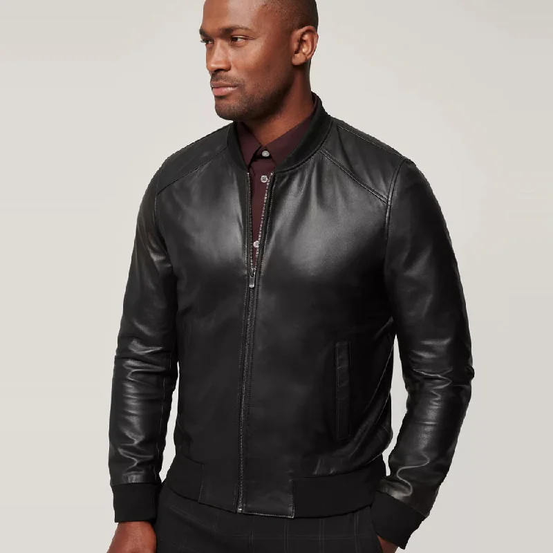 Mens Classic Black Lambskin Leather Bomber Jacket