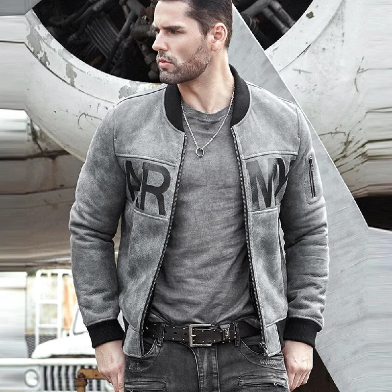 Mens Grey Sheepskin Army Shearling Bomber Jacket