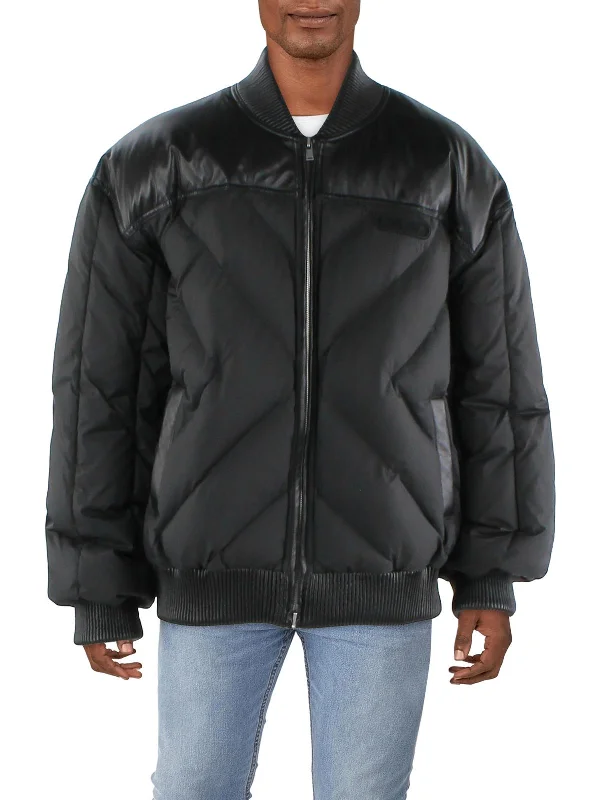 Mens Leather Warm Puffer Jacket