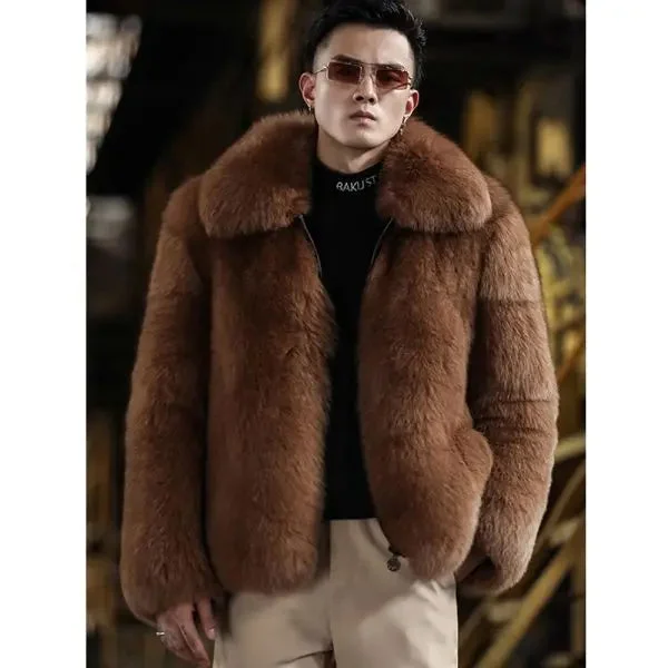 Mens Winter Fashion Black Short Fox Fur Leather Coat Jacket