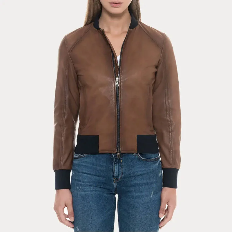 Sugar Brown Lambskin Soft  Leather Bomber Jacket