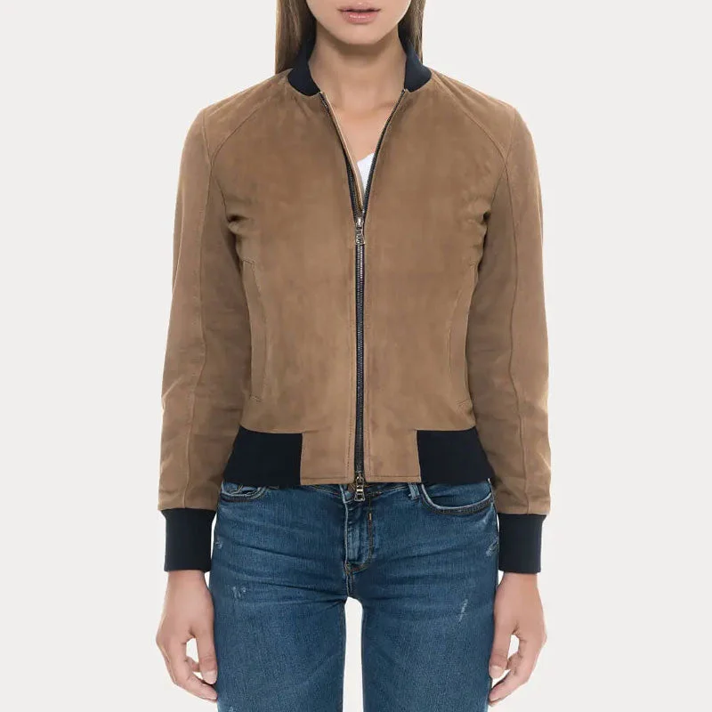 Tan Suede Bomber Jacket with Black Rib Knit Collar & Cuffs