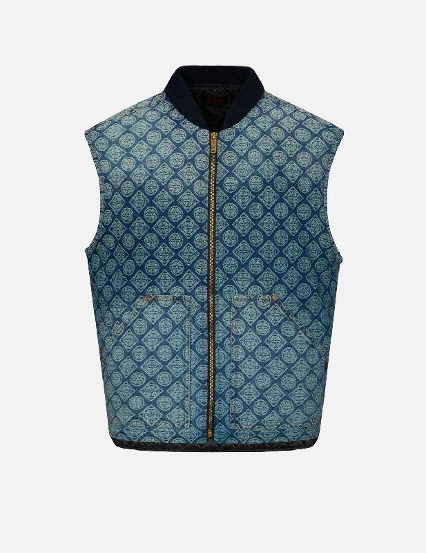 Washed Kamon Jacquard Relax Fit Denim Padded Vest