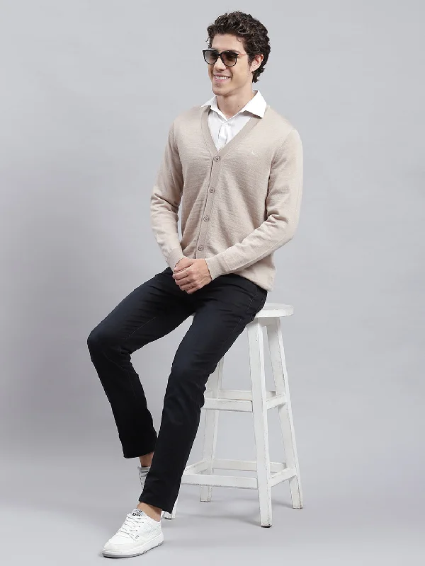 Men Beige Solid Cardigan