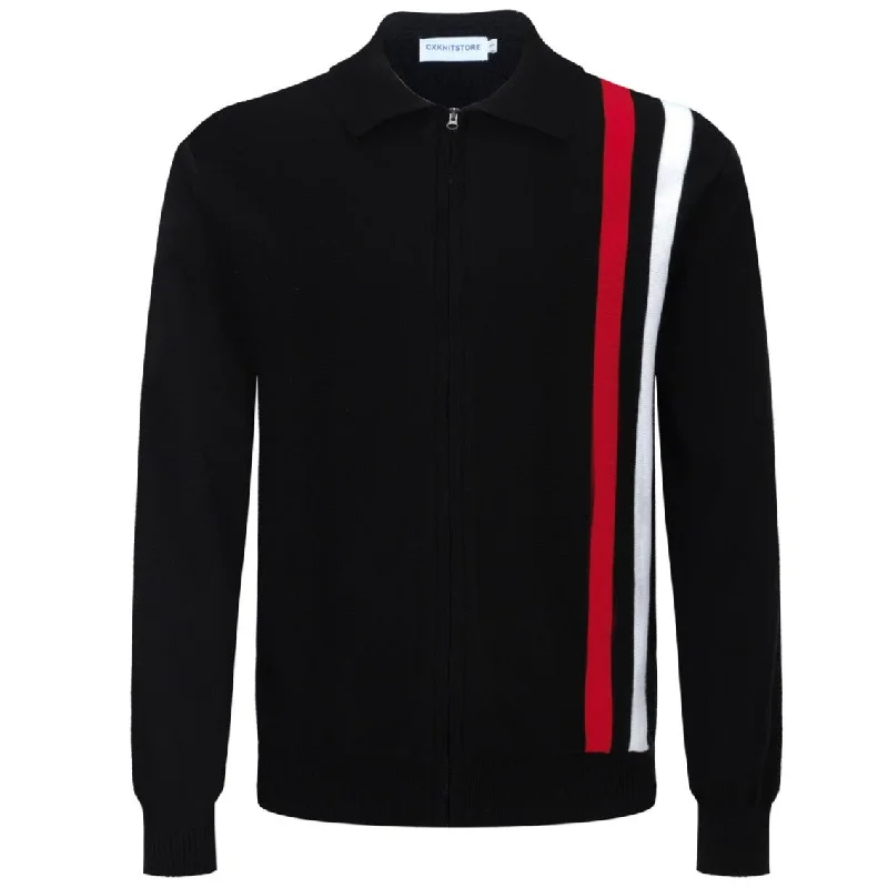 Men's Black Zip Knitted Cardigan With Red & White Racing Stripes