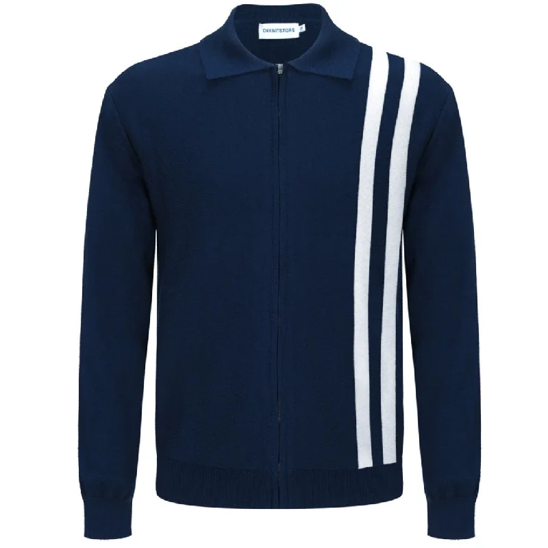 Men's Dark Blue Knitted Zip Cardigan With Double White Racing Stripes