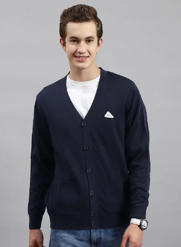 Men NAvy Blue Solid Wool blend Cardigan